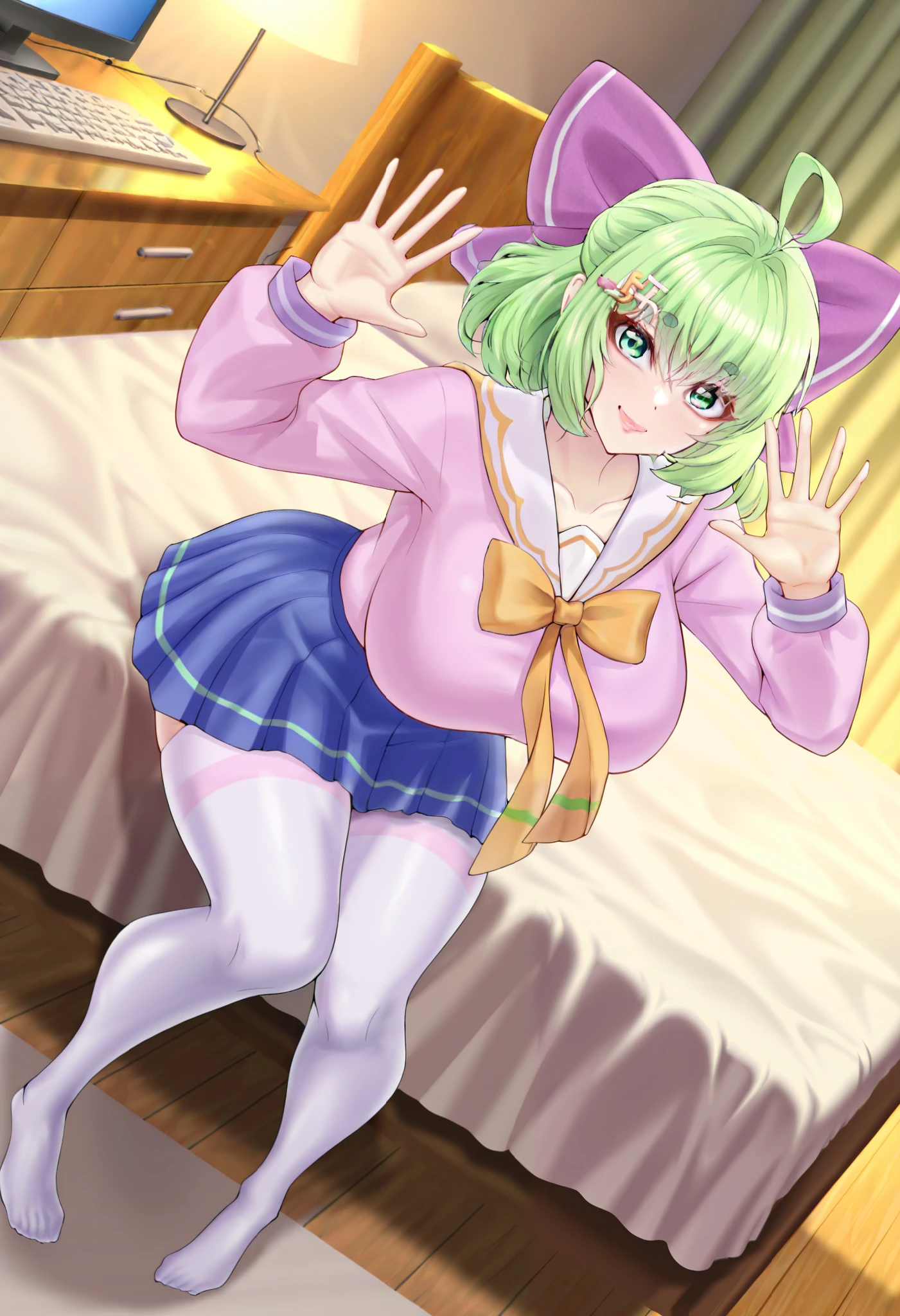 Masterpiece, best quality, high resolution, 1girl ,full body shot, (best quality), (ultra-detailed), (masterpiece, best quality:1.3), 1female, adult, Masterpiece, Best Quality, hi res,HD, detailed 1girl ,anime, mature female, indoors, smile, age 30 - 40 ,curvy, milf, mother, NSFW,short green hair, green eyes, purple bow headdress, sailor suit, blue pleated skirt, white stockings, Green Hair Bow Girl,ahoge / stray hair,M-shaped fringe / M-shaped bangs Short green hair, green eyes, purple bow headpiece, Barrette . Hair bow voluptuous, voluptuous female, looking at viewer, high resolution, 8k, 4K, high detail, detailed bangs, detailed hair, high detail face, high detail eyes, detailed lips, dynamic shot, dynamic angle, small nose,GreenHairBowGirl, ,Pink dress, long sleeve,Hair bow,desk, computer,gamer,bed, chair, bedroom,looking at the viewer,((mature fingers)),Voluptuous body, curvy body, accurate fingers, GreenHairBowGirl ,Tsuma_Netori_Style