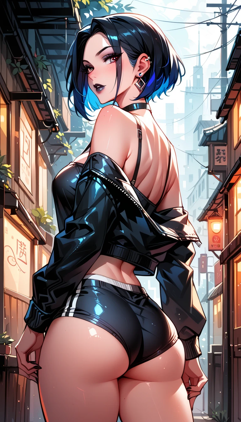 yelendef, short hair, night, dark, hill, overlooking a city with a harbor, (topless), back, (oversized pants), slim, pale, blue strings effect, from behind, arm bracelets, wrist bracelets, sitting, tattoos