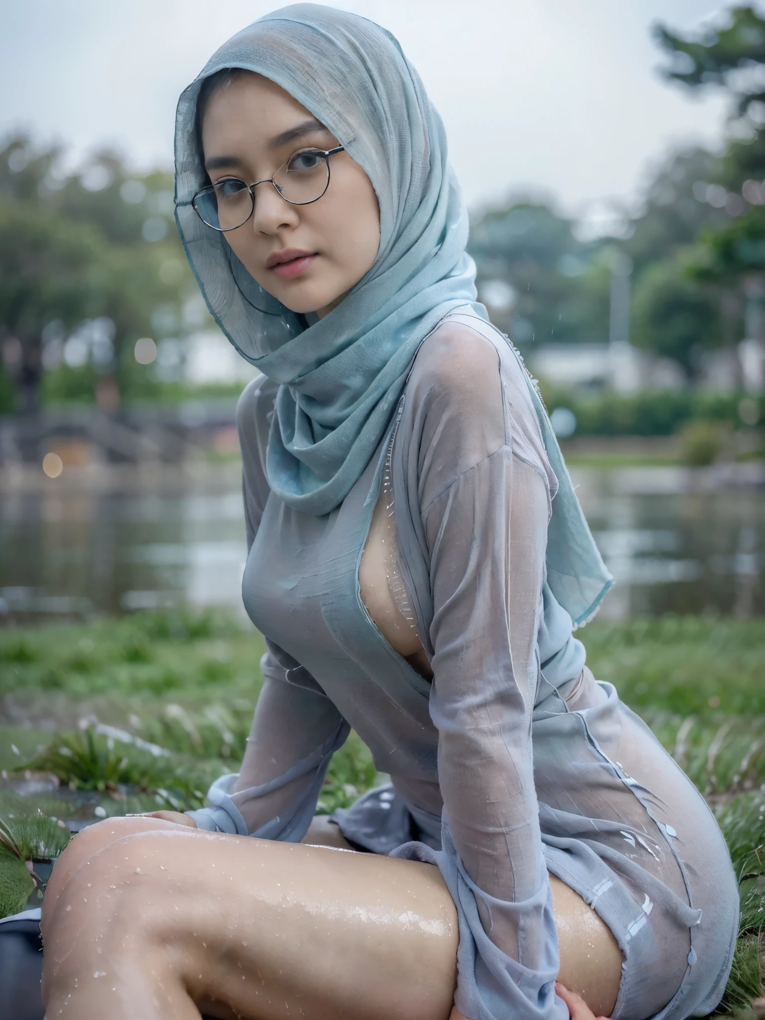 malaysian girl, , wearing hijab, cute, adorable, baby face, sn a dirt road, night scene, raining, wet, small breast, small nipples, flat chest, flat stomach, thin body, smiling, showing one armpit, spreading leg, wearing spectacles