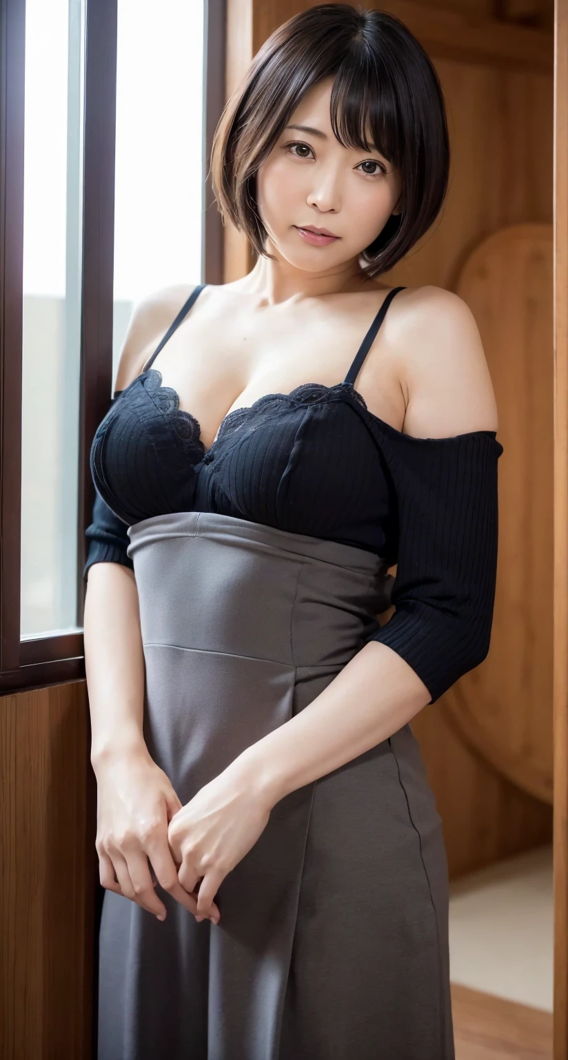 (A very cute 20 year old young woman from Japan.),  ((Fine hair that is somewhere between brown and blonde)), ((Short hair with messy side waves)),(((Slim and slender figure))), (((Clean your hands)))，(Curly Hair)，(((A very kind smile))), (((She is wearing black lace panties)))，(((she is wearing a pink knitted dress))) ((Highest quality, 16K, Tabletop: 1.3)), The light shines on your face, Highly detailed face, Highly detailed lips, Beautiful Eyes,