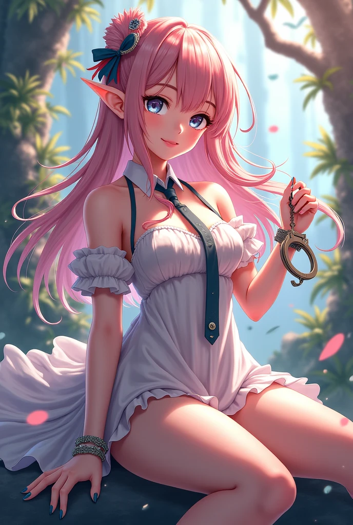 high quality, masterpiece, Very detailed,Long Hair, beautiful girl,Pink eyes髪,Pink eyes,chest,Shoulder Bare,Pink Elf Costume,Short skirt,Black fishnet stockings,sitting on a stone,Looking at the camera,Heart Hands