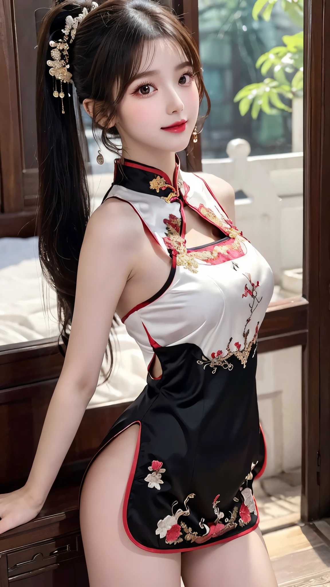 (((long Traditional Chinese costumes outfit comes off))),(((bare between legs:1.5))),(((thong panty:1.5))),(((pants wedged between buttocks))),(((Show cleavage))),(((bare inner thigh)))、(((show side breast))),(((detached sleeves))),(((areola visible through costumes:1.5))),ulzzang-6500-v1.1, (Raw photo:1.2), (Photorealsitic:1.4), a beautiful detailed girl, extremely detailed eye and face, beautiful detailed eyes, ultra-detailed, High resolution, top-quality, ​masterpiece, ighly detailed, 8k wallpaper, magnifica, finely detail, top-quality, Light on the face,电影灯光,1girl in,(Luxury hotel bedroom),Beautiful eyes,smile,Opening Mouth,Lace-rimmed panties、(see through)、Very delicately、(((Light underwear:1.5)))