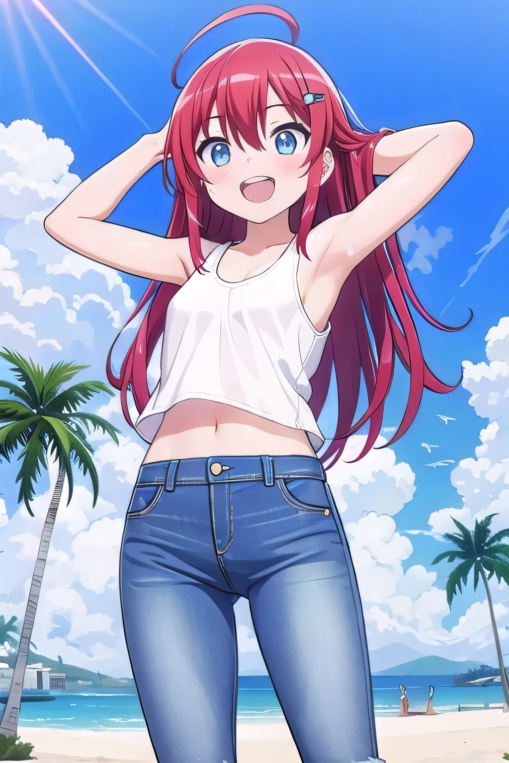 masterpiece, best quality, ultra detail, ((Perfect Face, perfect eyes, perfect hair, perfect arm)), 1girl, , peti ((round face, ecstasy, orgasm face, drooping eyes, shame smiling, blush)), dropping eyes, sleepy, Open mouth, ((White teeth)), background((under the beach, (day:1.2), palm tree, bright sky)), miku hatsune, ahoge, aqua eyes, (red hair:1.4), crossed bangs, hair between eyes, hair ornament, (long hair:1.4), (messy hair:1.7), ((arms behind head, hands behind head, fingers behind head)), ((contrapposto)), spread armpits, looking at viewer,, (white tank top:1.2), (white crop top:1.2), (jeans pants:1.2, flares jeans:1.2, skinny jeans:1.2, blue jeans:1.2), standing, (legs spread:1.4), sex pose, Sweaty crotch, Steam from the crotch, from below, whole body