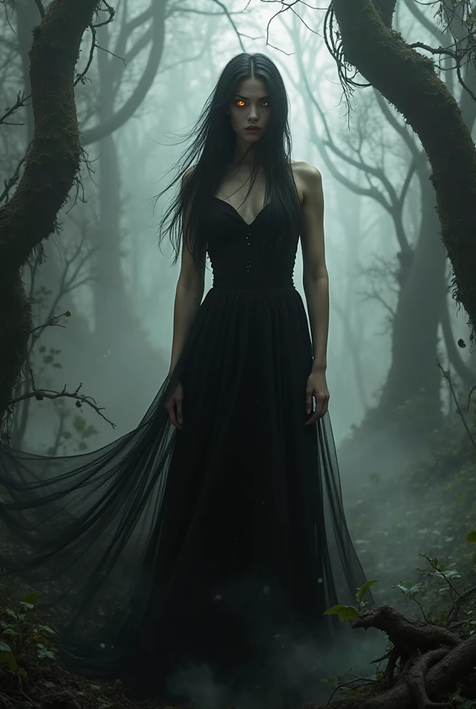 Wallpaper of a very pretty witch standing in forest facing towards camera with medium hair. Very heavy dark smoke and lighting in the background.