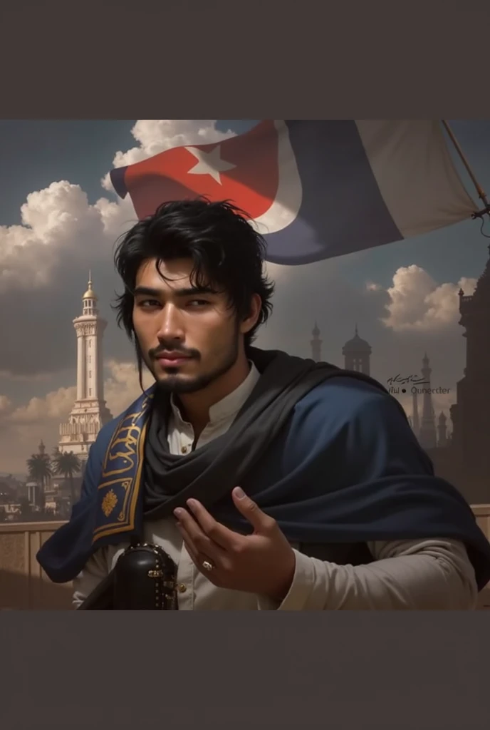 arafed man with a flag and a tower in the background, very very low quality picture, khyzyl saleem, digital art!!, background is heavenly, inspired by Amir Zand, [ digital art ]!!, ash thorp khyzyl saleem, very clear picture, edited in photoshop, inspired by Lojze Logar
