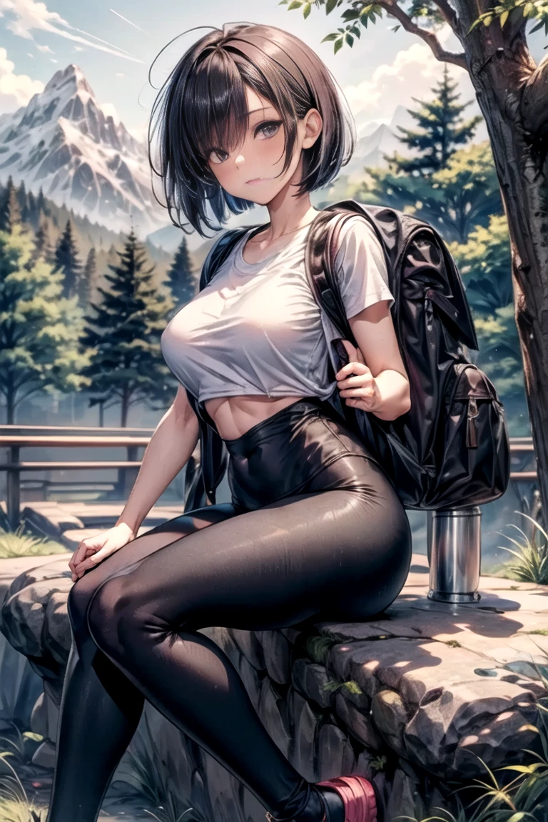 <lora:impshorts-10:0.6>, (impossible shorts), looking at viewer, smile lips, blue eyes, black hair, bob cut, outdoors, mountain, headband, large breasts, t-shirt