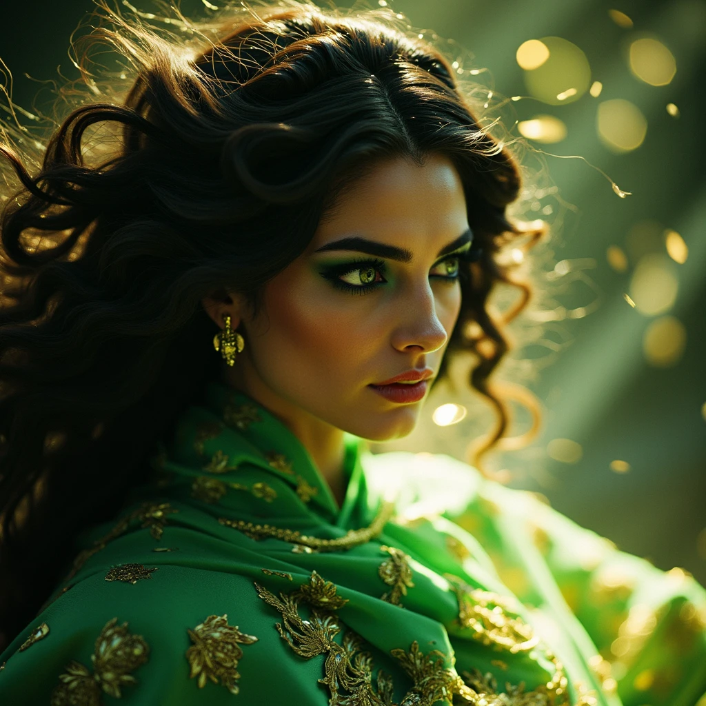 A woman of divine, ethereal beauty from paradise, representing the Houris, with ((exaggeratedly wide eyes beyond human imagination)), ((deep black pupils infinite as eternal night surrounded by dramatic, wide black kohl)), white sclera glowing with a soft, inner molten pearl sheen, a subtle shifting gleam inside the pupils blending radiant emerald and molten gold, long, thick black silken eyelashes fluttering softly. Her face glows like a perfectly illuminated moon, (((translucent skin with a pearl-like sheen blended with hints of ruby and coral))), ((cheeks elevated like hills of light)), lips crimson and subtle like a paradise fruit. (((Abundant, flowing dark silk hair cascades like rivers))), covered with a (((translucent, glowing veil radiating soft light and faint musk scent))). Her body is harmonious and youthful (33 years old), with ((slightly transparent skin glowing with inner radiance)). She wears ((rich green silk garments adorned with delicate, shimmering golden threads, moving like gentle waves and sparkling like liquid light)). Enveloped in a ((soft halo of light, surrounded by a faint musk fragrance)), her presence exudes divine, otherworldly grace."  

