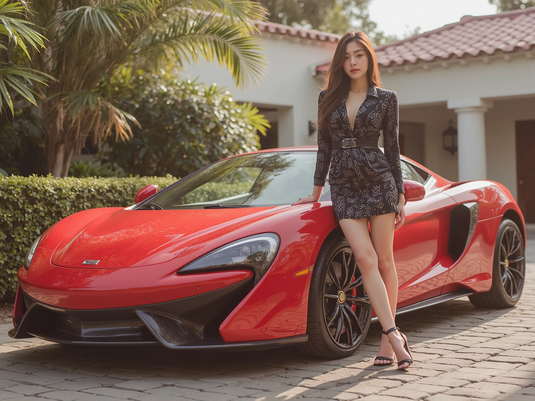 has a red car, one . rich girl standing next to the car. . A girl named Lia . , the car brand is 09. Lia 17