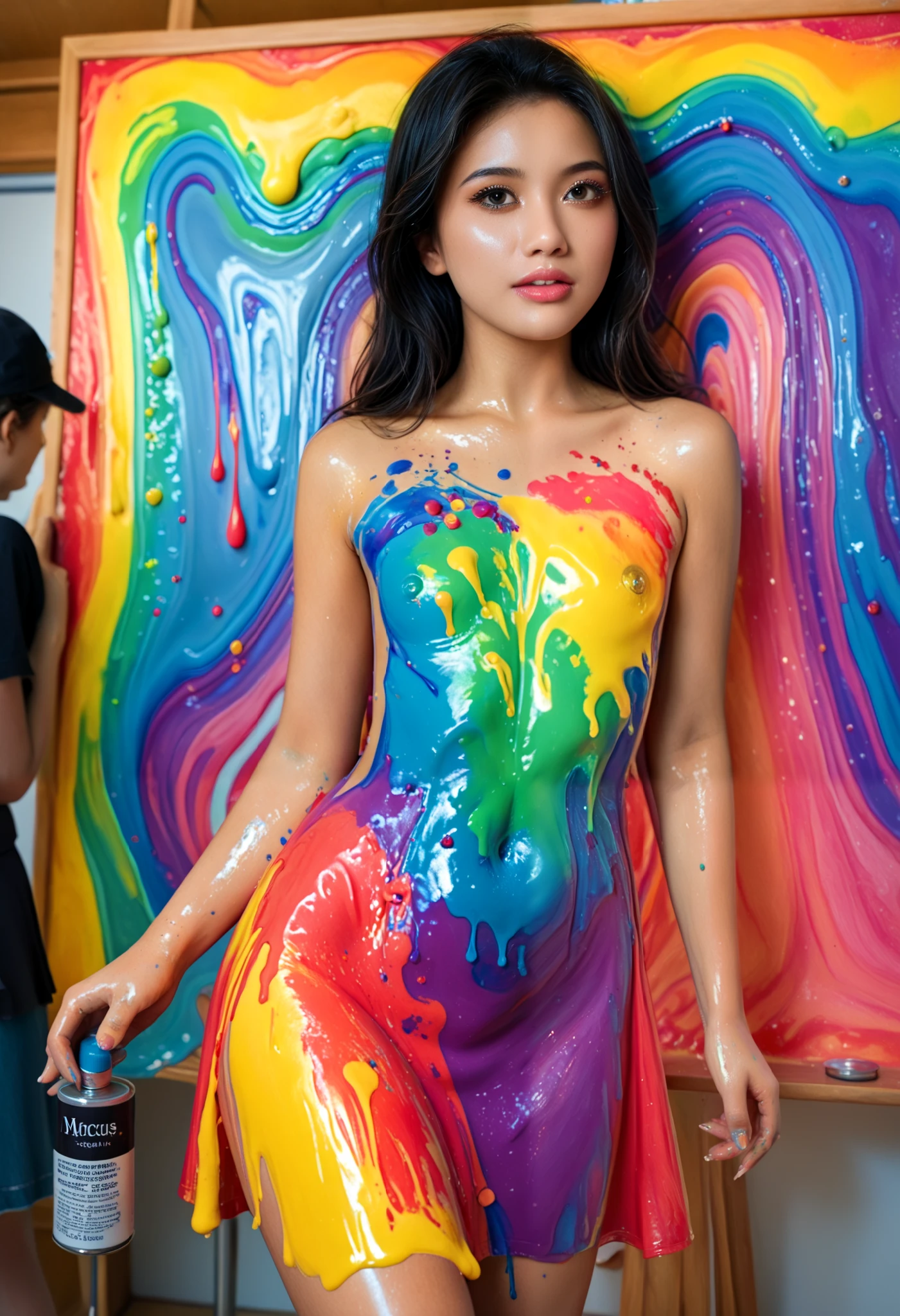   best quality 、high quality 、 highest resolution、High Resolution、8K quality、high definition 、best quality、 masterpiece 、 movie-like images、 Immersive Footage 、 Very realistic looking image 、Realistic Images、 Perfect Details 、 high contrast 、High fidelity、 perfect photo without blur、Close to reality、 images reproduced in detail、Detailed and realistic human body、Detailed and realistic human skin、 realistic face down to the details、 eyes drawn realistically in detail 、 Realistic lips drawn down to the smallest detail 、 detailed and realistic teeth、Realistic ears、 Realistic hair 、((Japanese models))､((s))､(( ))、((Young face))、(( black hair))、(( small flat chest))、(( body type))、(((with shiny skin covered in oil all over)))、(((Body Art)))、(((Liquid Art)))、(((Mucus Art )))、(((paint the dress with colorful slime on the body)))、(((paint the dress with colorful paint liquid on the body)))、(((paint the dress with colorful oil paint on the body)))、(((Paint the dress with colorful oil on the body)))、((  subject close-up ))