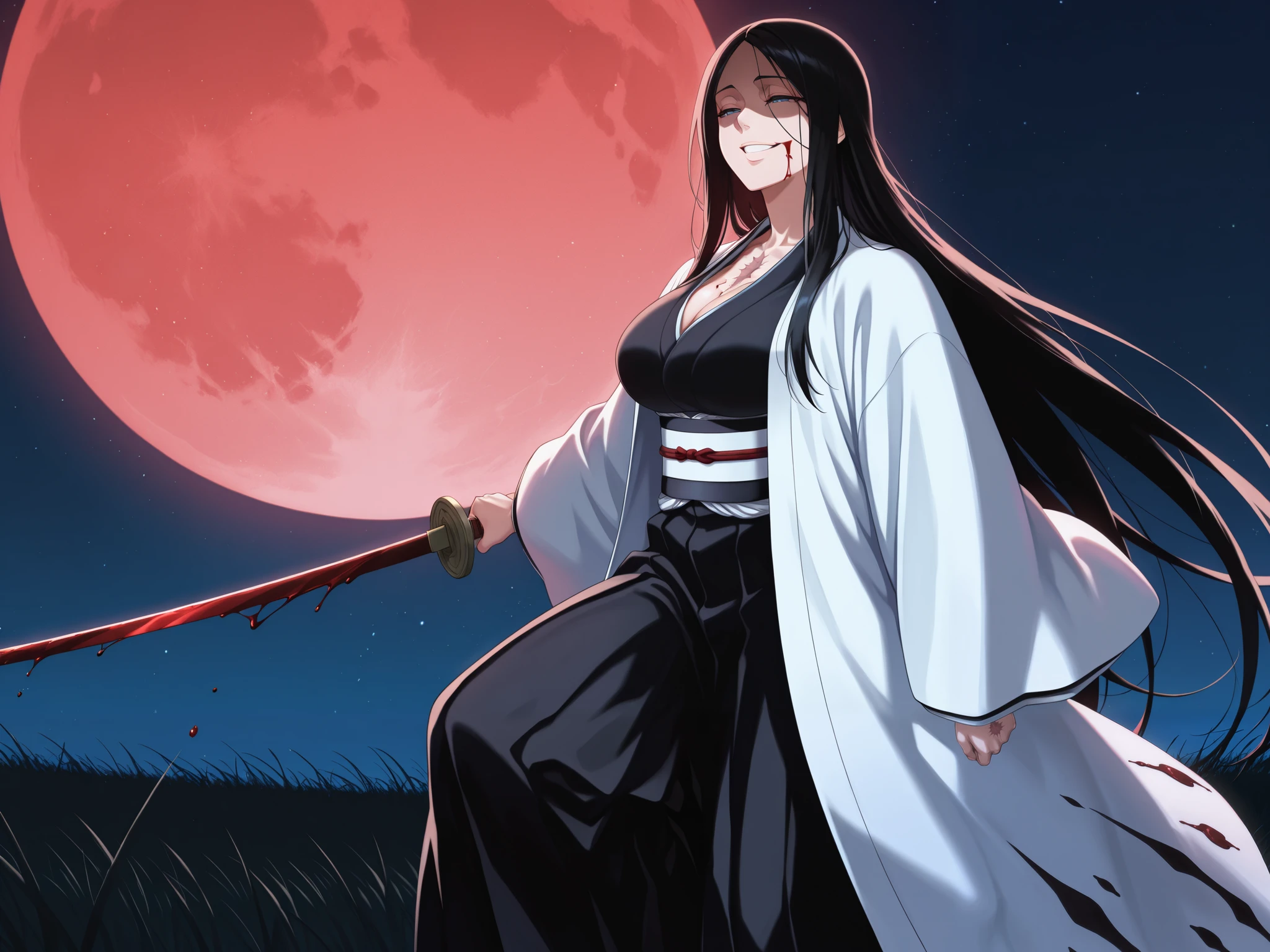 masterpiece,best quality, amazing quality, very aesthetic,anime screencap ,1girl, solo, yach1ru, black hair, very long hair, dark blue eyes, large breasts, scar on chest, white haori, wide sleeves, black kimono, obi, black hakama, sandals, blood on body, blood on face, grin, shaded face, half-closed eyes, holding sword, dynamic pose, night sky, field, red moon