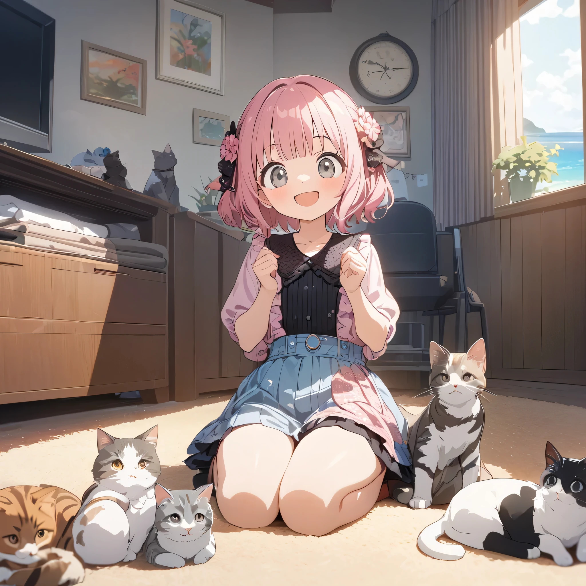 anime-style comical flower background、With cats、 Jirai fashion、 casual、Seaside、Shining Light、double piece、((fullbody)), seiza、,Source Anime, (Masterpiece), (Best Quality)), (Very Detailed), ((Cute)), (Amazing), (Detailed)), 4K, (8k), Highest Quality , (beautiful), perfect anatomy, ((perfect hands)), (perfect fingers)
ultra-definition depiction,
break
(( 1girl )), 's years olshort hair, tight bangs、round face, pink hair,has a smiling face、 ((grey eyes)), cute eyes,natural make up、jirai, casualファッション