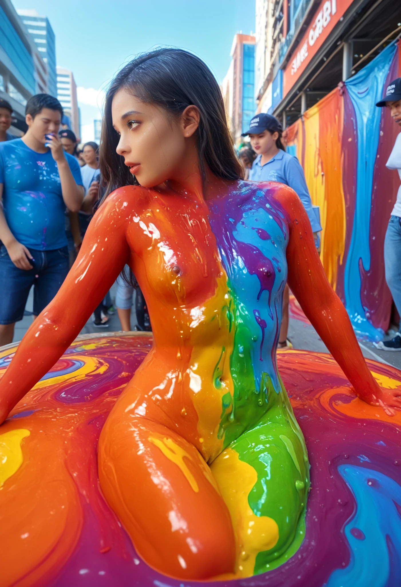 (Outrageous quality,high resolution,Masterpiece),(realism,realistic), (The art of painting the body with various colors, Fluorescent paint:1.23), ((Screen with liquid splashing down, liquid paint:1.35), very detailed:1.13), (),Color splashed all over the body., Photography. Big breasts, sexy poses, back view.