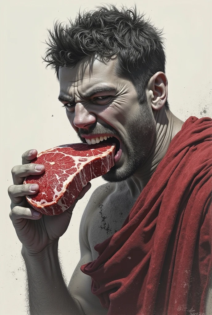 Art man beard muscles eats raw meat handsome