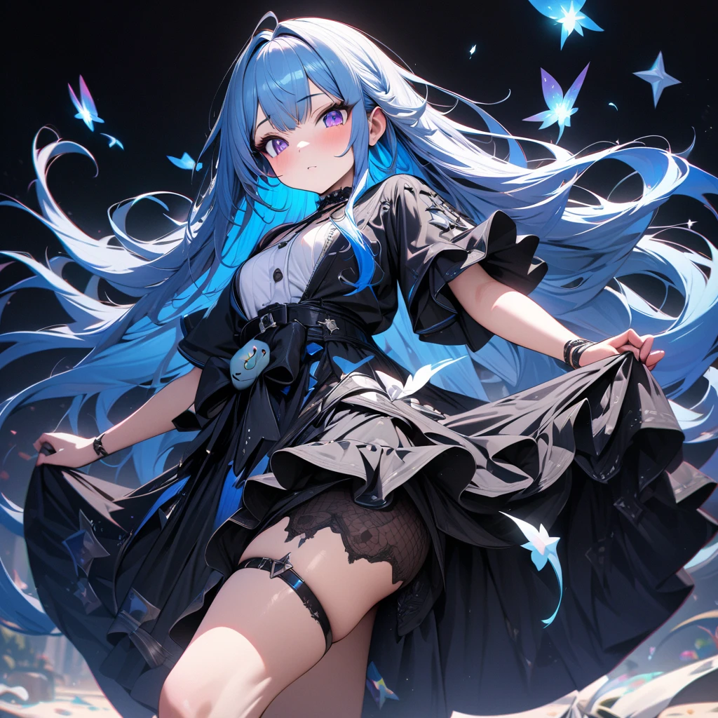 masterpiece, best quality, very aesthetic, absurdres, 1girl, mature_lady,,1girl, ganyu \(china merchants bank\) \(genshin impact\), genshin impact, horns, blue hair, official alternate costume, shirt, long hair, skirt, black shirt, ahoge, purple eyes, bow,under sea,glowing stardust frontground,fantasy,sparkling,fireflies,from below