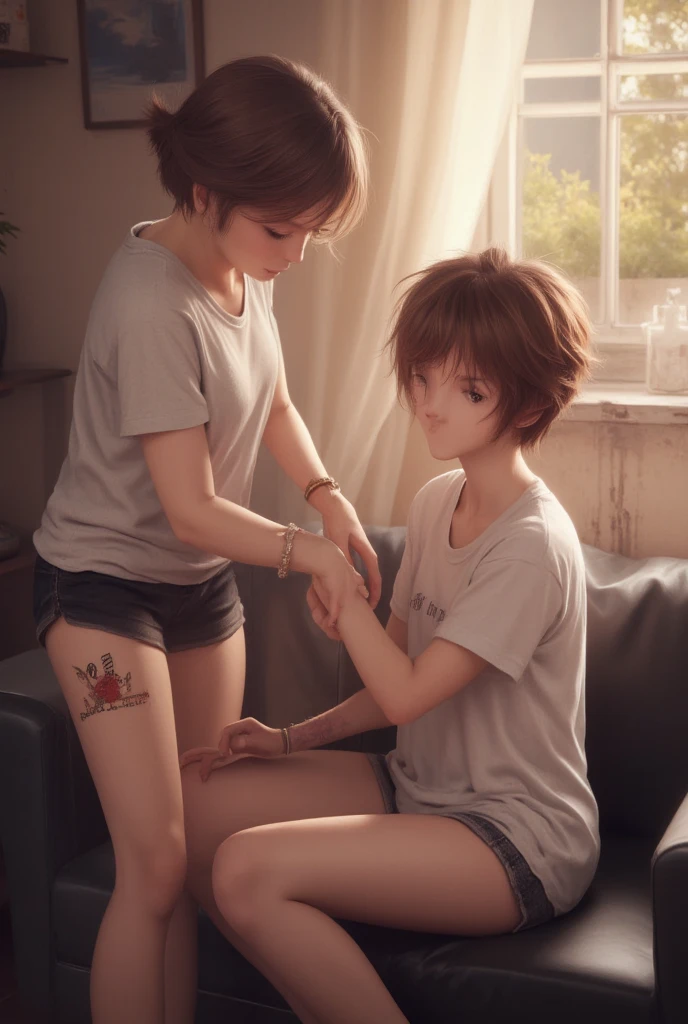 ((Medium chest, Tomboy, small head)), dawn, sunlight, (chiseled abs : 1.1), (perfect body : 1.1), (short wavy hair : 1.2) , auburn hair, collar, Lock, full body shot, crowded street, wearing black tanktop, jean jacket, ((shorts)), (Highly detailed CG 8k wallpaper), (very delicate and beautiful), (masterpiece), (highest quality:1.0), (ultra High resolution:1.0),  beautiful lighting ,perfect lightning, realistic shadow, [High resolution], fine skin, super detailed, lesbian, kiss, kissing
