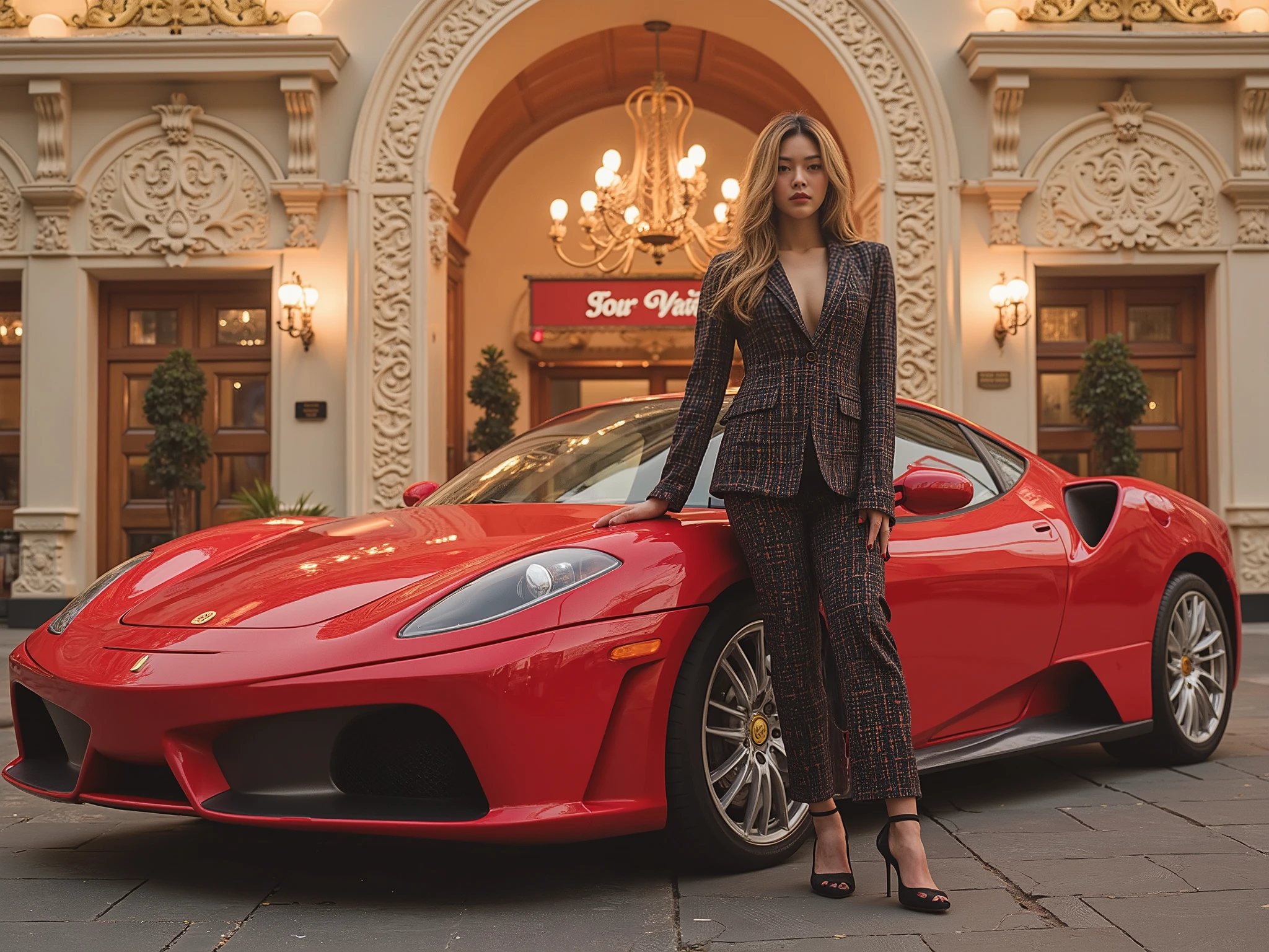 has a red car, one . rich girl standing next to the car. . A girl named Lia . The car brand is KH18 .Park in front of the casino