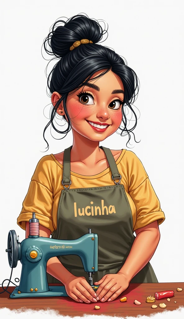 Drawing of a chubby Brazilian woman with black hair tied up with a dimple on her face. Seamstress sewing on the sewing machine. White background. Apron with the name Lucinha.