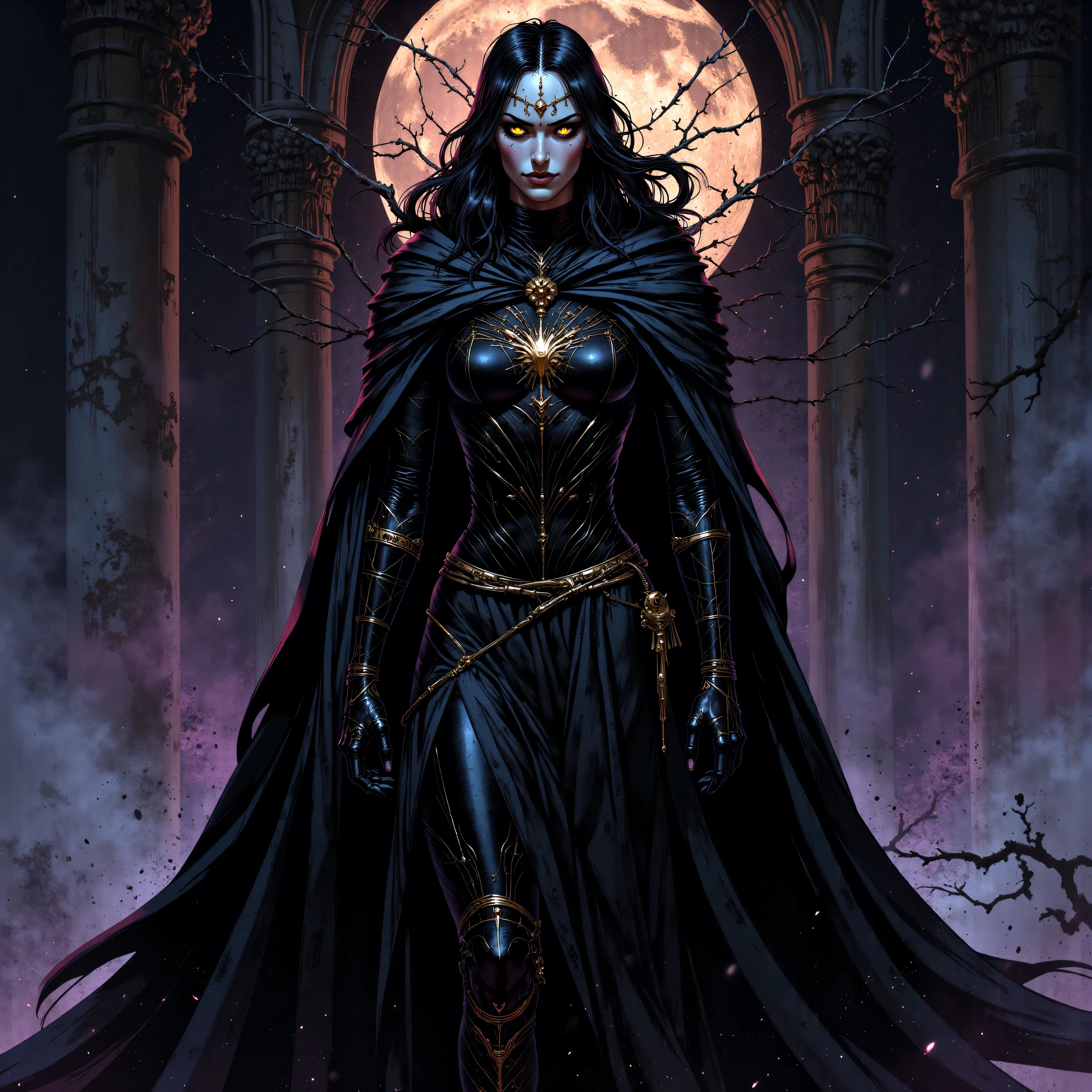art by Mike Mignola. Sylmara, the Dark Queen Framing: Mid-low plane, enhancing its imposing presence. diffused lighting , soft shadows highlighting her pale skin. Description : Wrapped in a black cloak that seems to flow like liquid mist, Sylmara doesn't walk — she slips. Her golden gaze shines like blades under the moonlight, and her smile is a veiled promise. Your hair, As dark as midnight, they fall in soft waves on your shoulders. Her perfume , a mix of jasmine and something indefinable, permeates the air like a silent curse.