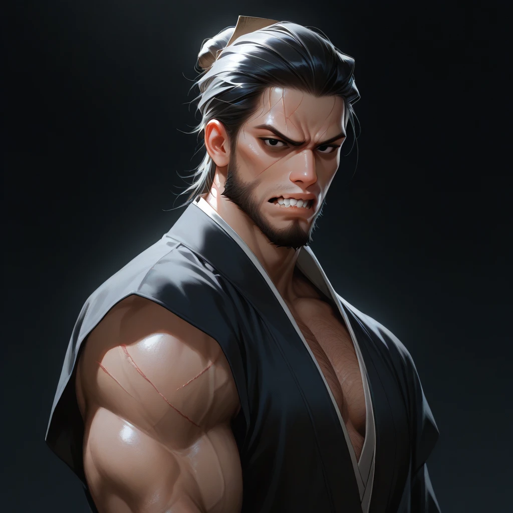 Samurai man,hair tied and shredded,black hair,pale skin,left arm of bone,torn clothing,scar on face,Detailed,3D,Unreal Engine 5 4K UHD image, Unreal Engine 5, Unreal Engine 5 Tech Demo, menacing. Unreal 5, Unreal Engine 5 Showcase, Unreal Engine 5 Demo, Unreal Engine 5 Detail, Cinematic Unreal Engine 5, Unreal Engine 5