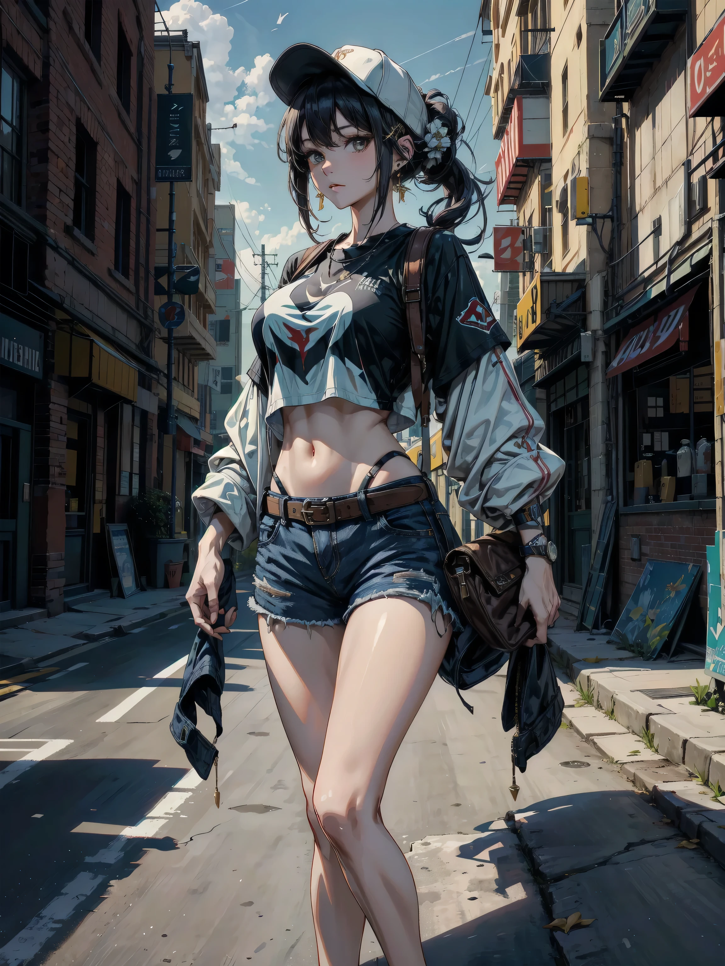 ideal ratio body proportions, perfect anatomy, correct body, earring, large breasts, narrow waist, short hair, black hair, wavy hair, hair behind ear, half updo, hair ornament, looking at viewer, cowboy shot, outdoor, baseball cap, black T-shirt, crop top, shorts,