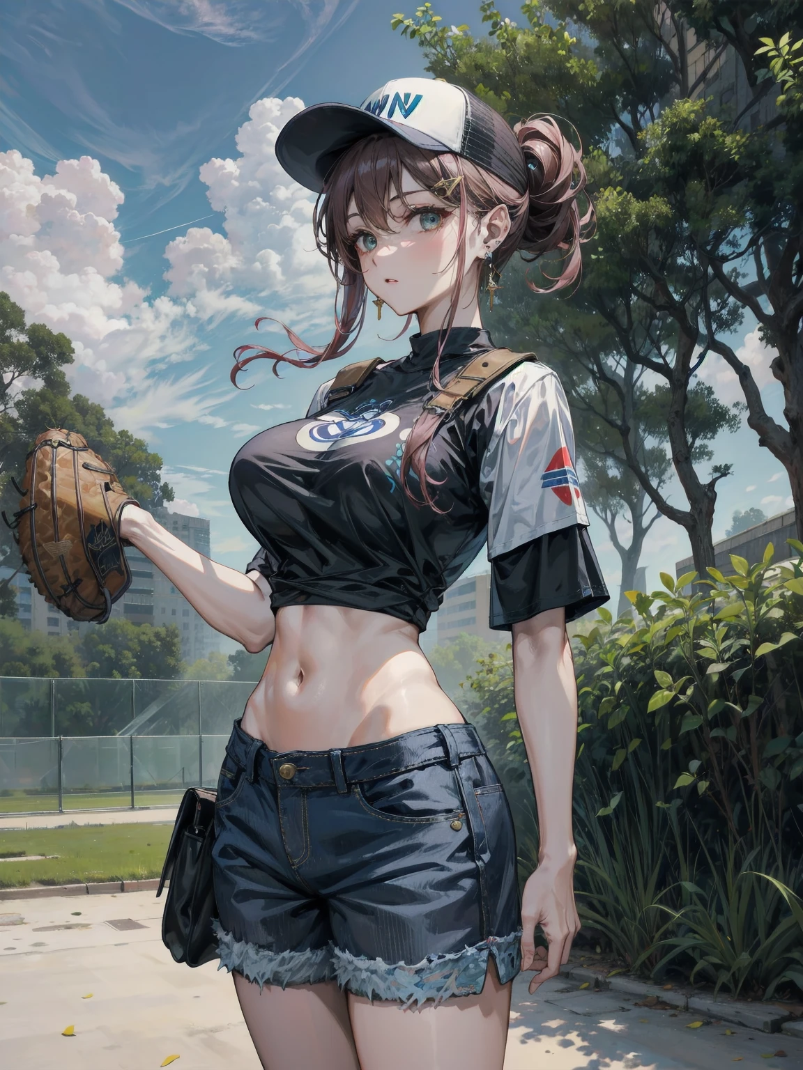 high quality,HD,16k,sharp lines,1 girl,Female softball athlete ,cute face, large breasts, nice legs,At the softball venue,focus girl,detailed beautiful face,detailed clothes,beautiful eyes,cool,dynamic angle