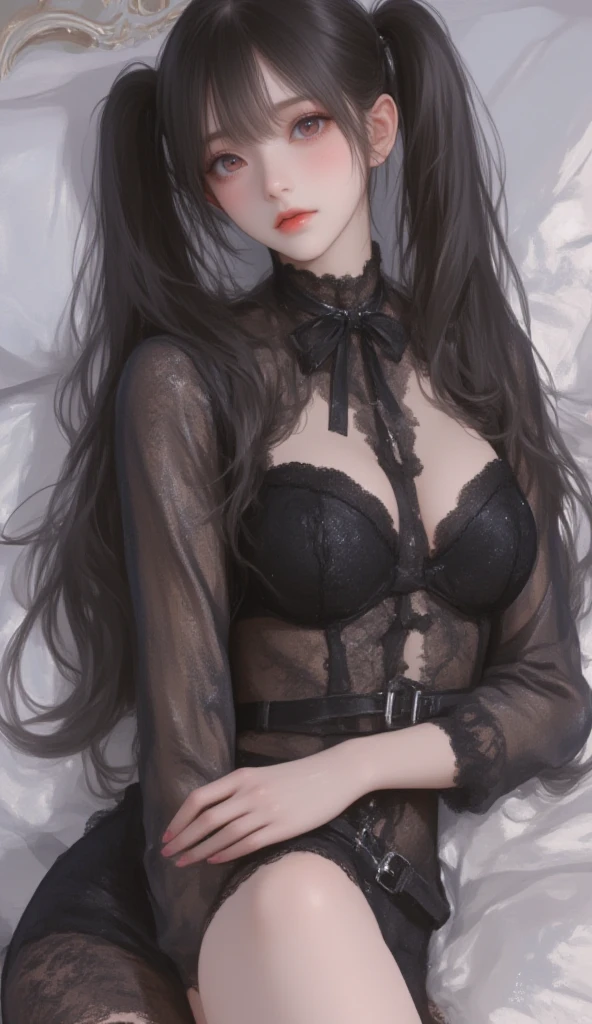 Beautiful girl with realistic black eyes, pale skin, Long black hair, perfect face, perfect eyes, ((Wearing a black coat)),((A tight lace dress with a wide opening from the chest to the navel)) very detailed, comprehensive movie, digital painting, 8K, cinematic lighting, highest quality, High resolution, Great job!, Post-processing, perfect result, surreal,(((revealing clothes))),big breasts,choker, It's transparent