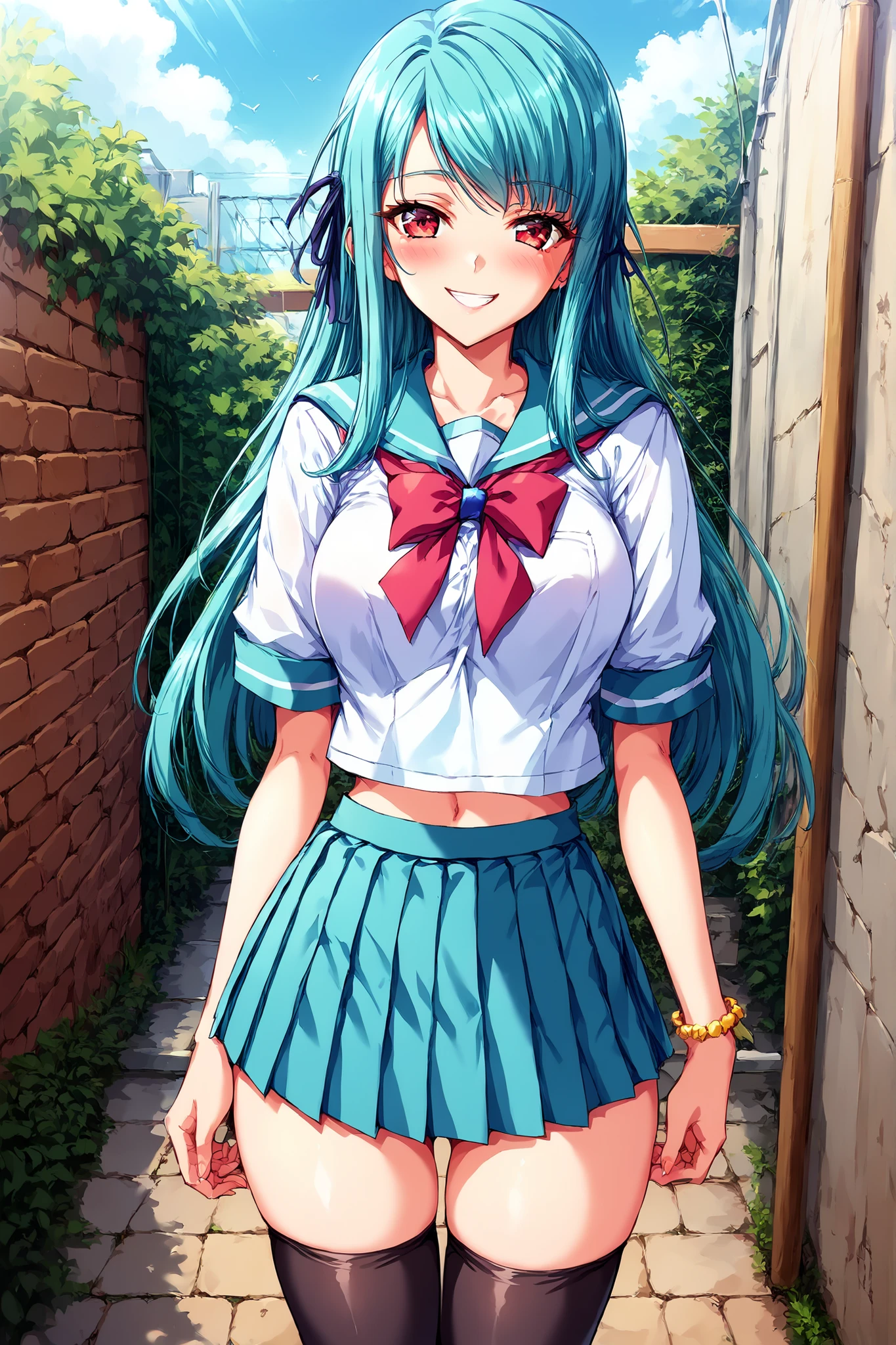 high quality, score_9, score_8_up, score_7_up, 1girl, Cyan hair , Long hair , Parted to Side, Sidehair, red eyes, blush, horny, slutty, smile, sailor style, , pleated mini skirt, black thighhighs,