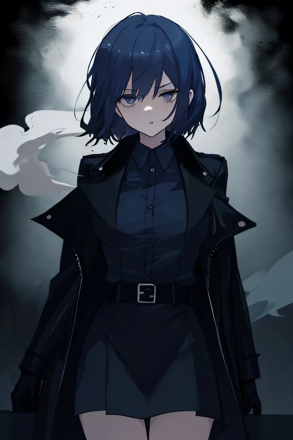 clean anime outlines, anime-style illustration of a cool and mysterious young woman with (dark blue hair), medium-length hair.
Her deep violet eyes have a slightly sleepy yet confident look, and her cheeks are faintly flushed. Her outfit consists of a stylish black leather coat over a white collared shirt, giving her a sophisticated yet rebellious aura. She wears black gloves, holding a cigarette between her fingers, and exhales a wisp of smoke with a relaxed expression.simple background
gritty urban aesthetic, film noir style, dark and moody lighting, smoky atmosphere, cool and rebellious attitude, strong independent woman, stylish fashion, dramatic shadows, intense gaze, slightly parted lips, cigarette smoke swirling, effortlessly charismatic, low-key lighting for a mysterious touch, subtle highlights on hair for depth. The background is a simple, muted color palette, keeping the focus on her striking appearance.
