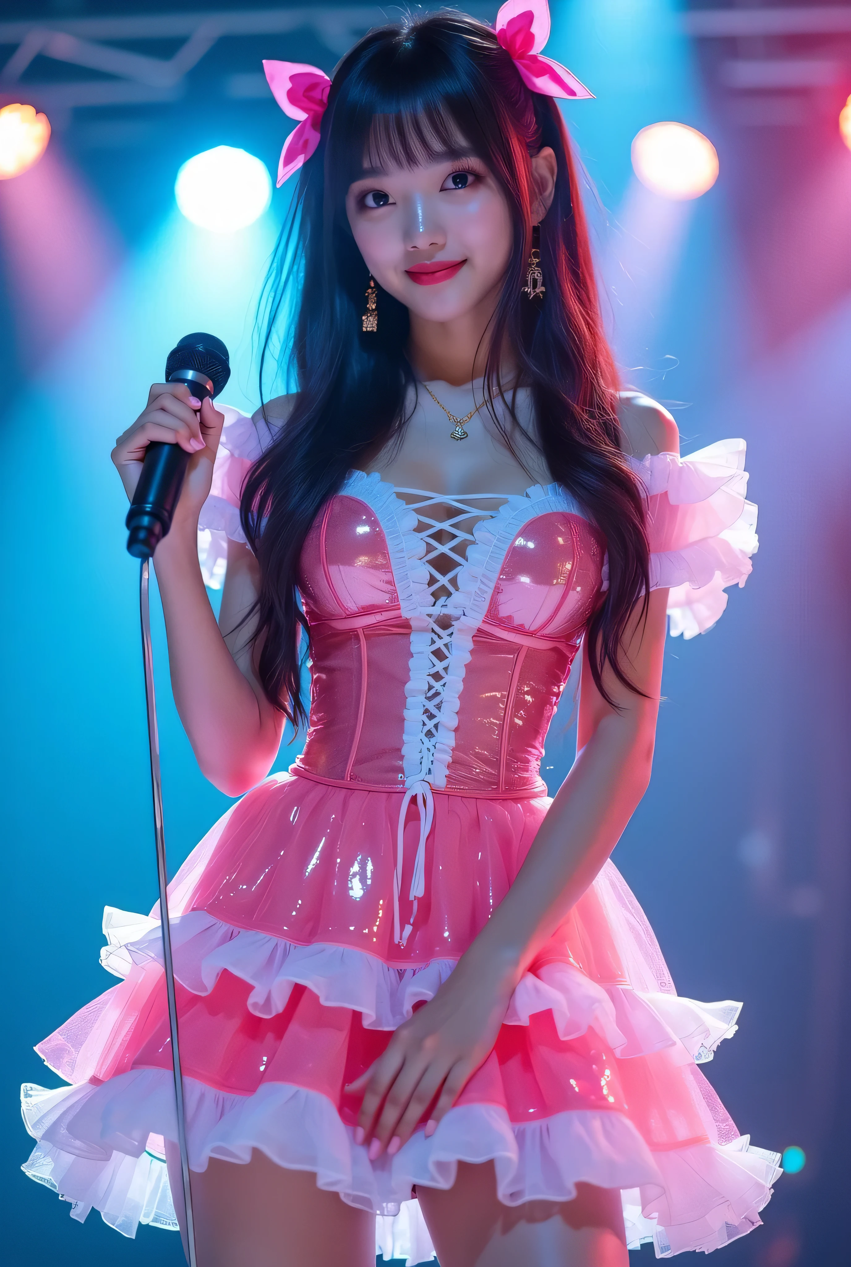 Create a highly detailed, realistic image of a young woman with long, dark hair styled with two small pink bows on either side. She is wearing a vibrant and transparent shinning glossy pink short dress that has a layered, frilly design with white ruffled edges on the sleeves and neckline. The dress has intricate lace-up details on the front, with white ribbons crisscrossing over the bodice. A large, white bow is tied around her waist, and the skirt is layered with multiple ruffles, alternating between white and pink frills. The upper part of the dress has a mix of white and blue accents, especially around the shoulders, giving it a lively, idol-like appearance. The girl’s expression is cheerful and playful, with a radiant smile, captured both in performance and posing with a slightly pensive look. Ensure that her outfit appears shiny and glossy, reflecting stage lights, and incorporate a vivid, performance-like atmosphere in the background. Some Lights shooting around, she hold microphone, head thighs portrait,
