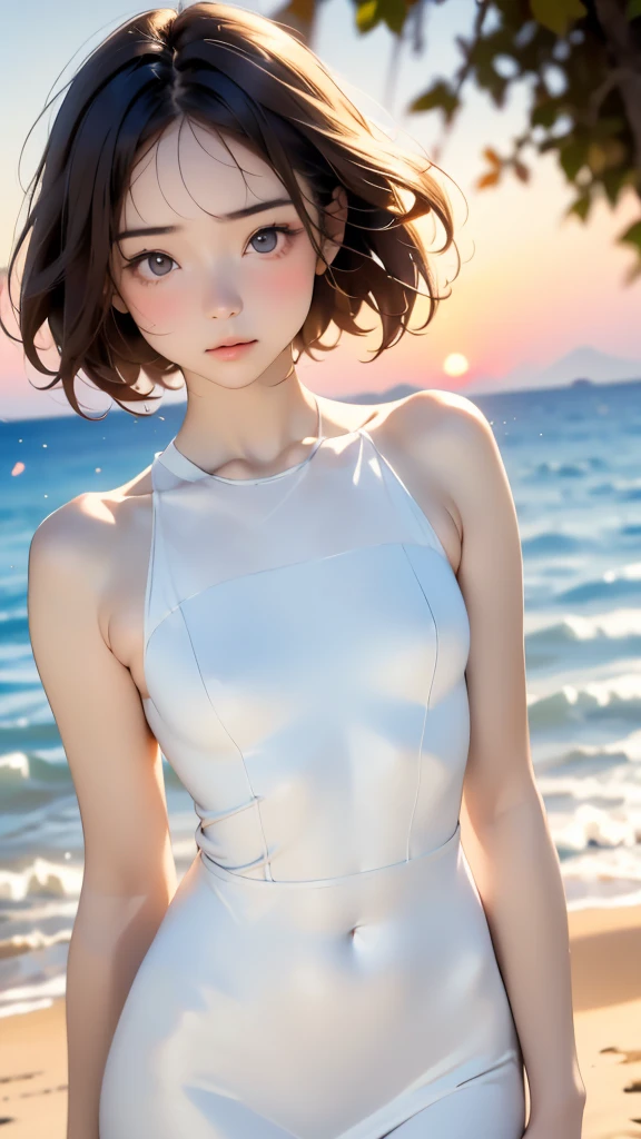 highest quality、Realistic、Women、zoom、Chestnut Hair、Turquoise Eyes、short hair、Swimwear、Grim face、Ocean、Looking down、、Bust Shot、　