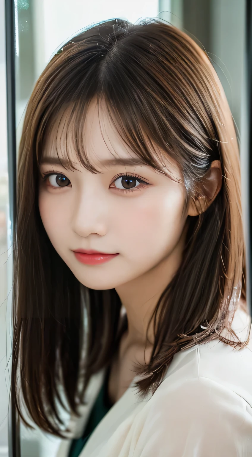 (beautiful girl、Cute Face、high school girl、medium hair、Face reflected in the mirror、 moist eyes:1.3)、top quality,8K image、 perfect double eyelids、happy、natural color makeup、Moist lips、white skin