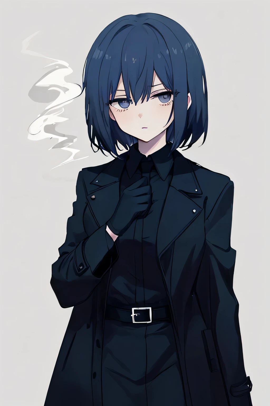clean anime outlines, anime-style illustration of a cool and mysterious young woman with (dark blue hair), medium-length hair.
Her deep violet eyes have a slightly sleepy yet confident look, and her cheeks are faintly flushed. Her outfit consists of a stylish black leather coat over a white collared shirt, giving her a sophisticated yet rebellious aura. She wears black gloves, holding a cigarette between her fingers, and exhales a wisp of smoke with a relaxed expression.simple background
gritty urban aesthetic, film noir style, dark and moody lighting, smoky atmosphere, cool and rebellious attitude, strong independent woman, stylish fashion, dramatic shadows, intense gaze, slightly parted lips, cigarette smoke swirling, effortlessly charismatic, low-key lighting for a mysterious touch, subtle highlights on hair for depth. The background is a simple, muted color palette, keeping the focus on her striking appearance.