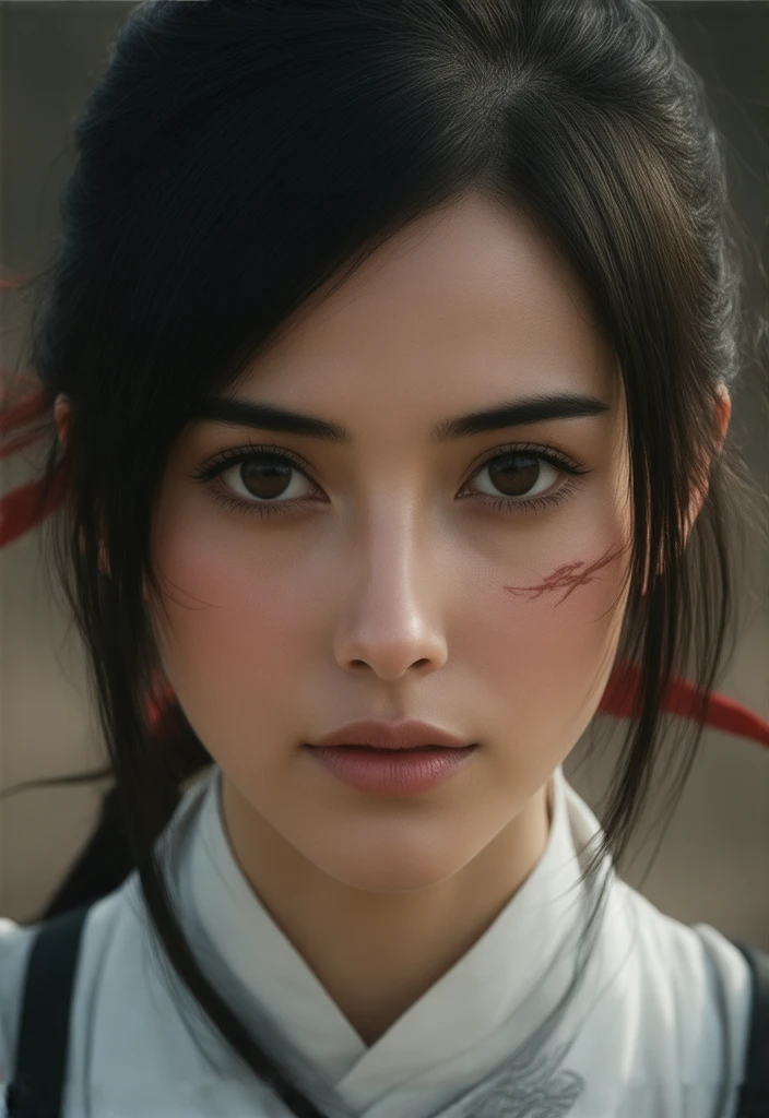 "A female warrior dynamically posing in mid-air, appearing battle-ready with an intense expression. She is drawn in a Japanese anime style, with highly detailed descriptions of her face, outfit, and equipment."
🔹 Face (20 Detailed Descriptions)
Short black hair, slightly tousled, flowing with movement
Hair strands naturally scattered, with slightly split ends
Intense, sharp black eyes
Eyes contain slight reflection to add depth
Thin, precisely shaped black eyebrows
Deep, determined expression, emotions subtly restrained
Slightly upturned eye corners, creating a fierce impression
Small but well-defined nose, slightly sharp bridge
Thin, lightly pigmented lips, pressed firmly together
A red scarf slightly brushing against her cheek, contrasting with her skin
Sharp jawline with slightly pronounced cheekbones
Pale yet naturally warm skin tone, with a slight blush of color
Light tension around the mouth muscles, emphasizing concentration
Subtle dark circles under eyes, hinting at battle fatigue
Faint dirt smudges or minor scars on her cheeks
Shadows and highlights dynamically applied to enhance realism
Tiny sweat droplets and realistic skin texture on the forehead
Ears mostly hidden beneath her hair
A faint scar across the bridge of her nose
Slightly tensed facial muscles, displaying high focus
Outfit (20 Detailed Descriptions) + Military Insignia
Short, fitted brown scouting jacket with sturdy shoulder seams
Shoulder areas have reinforced stitching and natural fabric creases
A large military insignia is imprinted on both shoulders and the back of her jacket. The emblem is shield-shaped, featuring two symmetrical wings crossing each other. One wing is blue, while the other is white, with each feather carefully detailed. The emblem appears metallic with a subtle shine, resembling finely embroidered fabric.
A black waist belt with a silver buckle
Subtle folds and wrinkles across the chest for realism
A white long-sleeve shirt underneath, with natural fabric folds
Sleeves