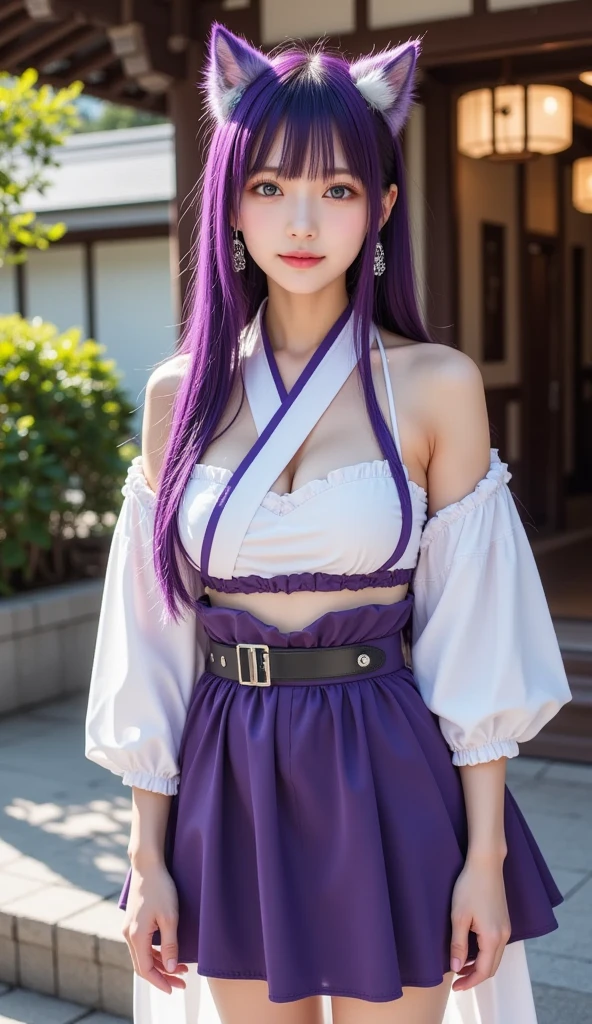 1girl, (ulzzang-6500:0.7), kpop idol, yae miko, bikini, detached sleeves, bare shoulders, pink hair, long hair, bikini, best quality, (painting:1.5), (hair ornament:1.35), jewelry, purple eyes, earrings, breasts, torii, cherry blossoms, lantern light, depth of field, detailed face, face focus, ribbon_trim, (looking at viewer:1.25), nontraditional miko, shiny skin, long sleeves, smile, thick lips, game cg, hands on lips, east asian architecture, (blurry background:1.2), sitting, upper body, bikini