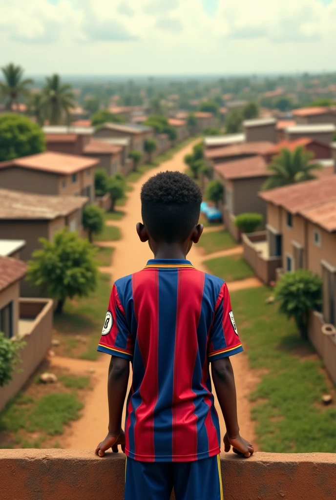 A 10-year-old boy, slender but cheerful and determined. He is black, bald, with bright black eyes. He's wearing a football team jersey with the number 10 and blue shorts. The boy is barefoot and runs across the grassless field with a soccer ball on his feet. In the background, it is possible to see a favela, which contrasts with the beautiful background of Rio de Janeiro. The goal with net can also be seen in the image, and the boy looks extremely detailed and realistic. The image is in 4k, minimalist and incredibly beautiful. Brazil, Corcovado in the distance,