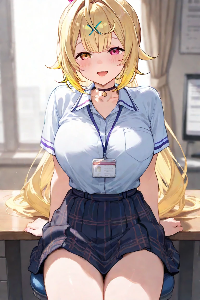 Close-up of a girl wearing a white dress shirt and green skirt, anime girl, blonde girl, Green-eyed girl, female anime character, big breasts, with large breasts, as an anime character, anime character, Anime visuals of girls, Knight of Sodiak Girl, , in an animated movie, upper body only, classic shoujo, Hymn of the King as a Princess,