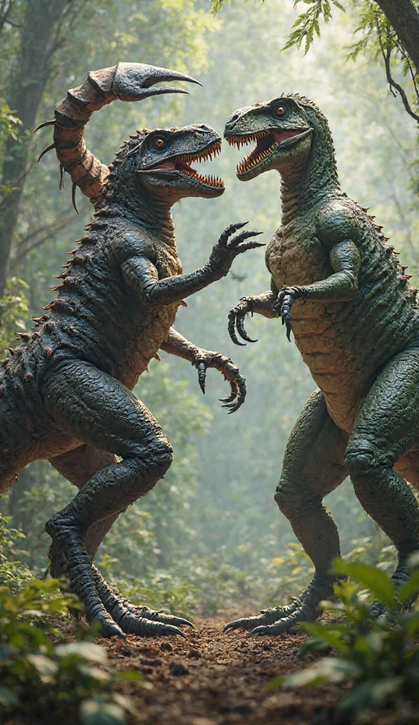 A crocodile fighting a velociraptor