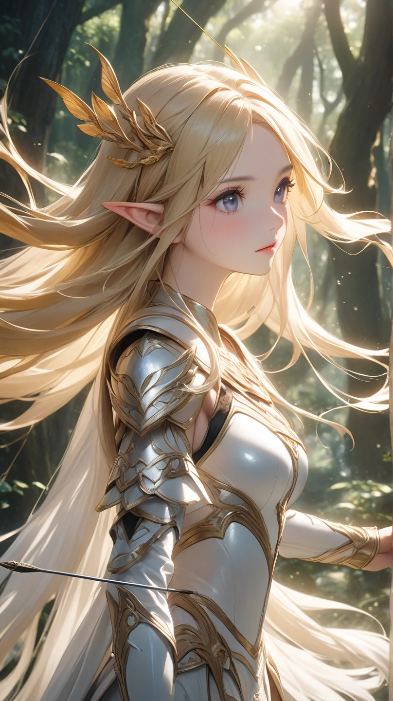 a beautiful female elf, white skin-tight bodysuit, long flowing golden blonde hair, youthful 20 year old woman, extremely detailed portrait, hyper realistic, photorealistic, 8k, high quality, intricate details, realistic lighting, dramatic lighting, cinematic composition, fantasy art, elegant, graceful, serene expression, mystical, ethereal, glowing skin, detailed facial features, beautiful eyes, delicate facial structure, flowing hair, dynamic pose, dynamic action, in a lush forest environment, verdant forest, sunlight filtering through trees, magical aura, fantasy elements, cinematic lighting, photorealistic, masterpiece