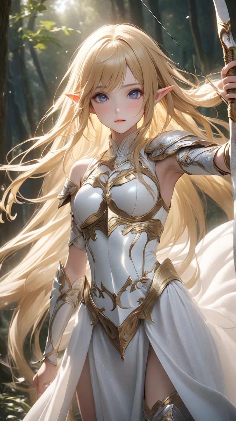 beautiful slender young long-haired with bangs blonde woman in tattered white fantasy armor with exposed chest, castle interior, UHD, elven fantasy, micro details, soft light, photorealistic, proportional, hyper details