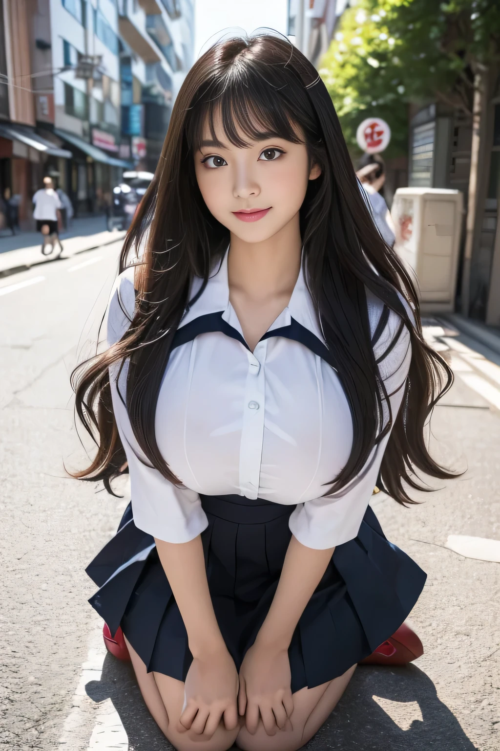 ((top quality, 8k, masterpiece: 1.3)), pretty woman with perfect figure: 1.4, (big breasts: 1.2), very detailed face and skin texture, detailed eyes, high school student, uniform, blouse, mini skirt, (posed at school: 1.2), 1girl, cinematic, full body, goddess of Japan, long hair, smile, there are students, being watched by people,