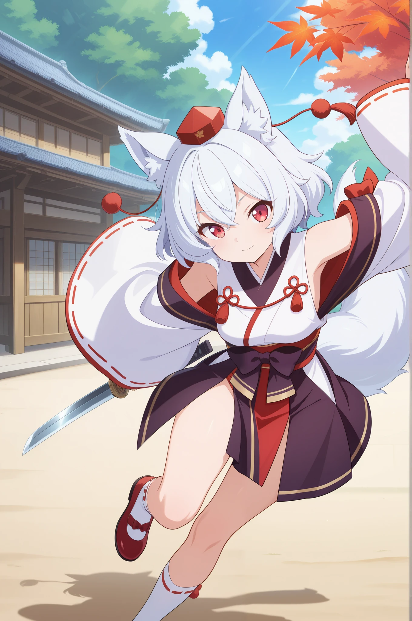 Absard dress that makes your head explode, High Resolution, masterpiece, best quality, great quality, Official Anime Artwork, screen cap, anime screen cap, outdoor, viewers, light smile, dynamic pose, 
   maple Inuwasu , 1 girl, Alone, Red Eyes, white hair, short hair, Wolf ears, Wolf's Tail ,,   maple Inuwasu  \(Strong Attack and Defense White Wolf\), clothing cutout, Kisshomon, Red Rindou Tengu Costume, official replacement costume, Pom-pom \( close \), Red Shoes,  bow sleeve , Ribbon Trim,  Shawl, sword,  plug-in features , thigh-length socks,  talkin hat, white thigh-length socks, wide sleeve,