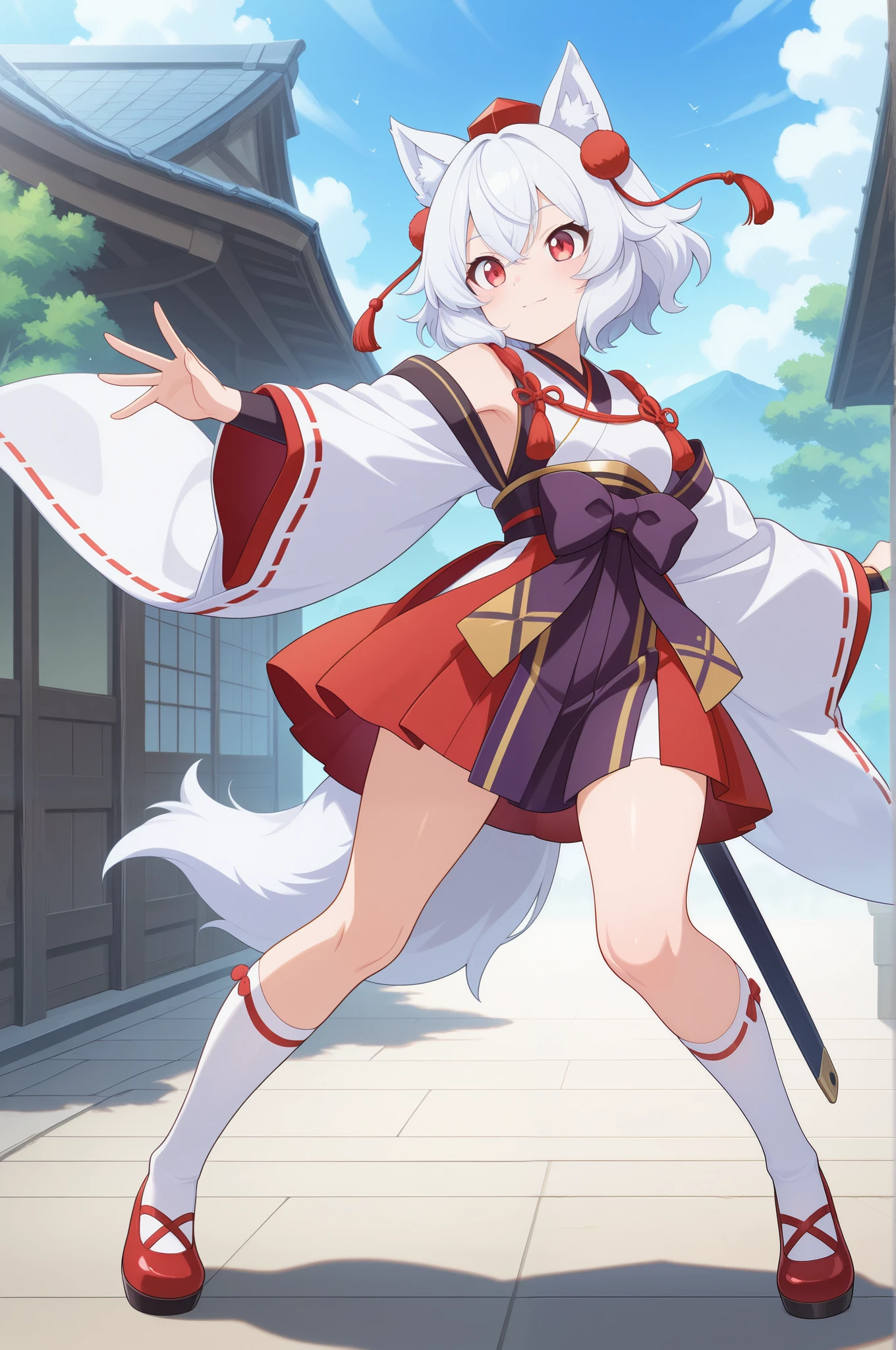 Absard dress that makes your head explode, High Resolution, masterpiece, best quality, great quality, Official Anime Artwork, screen cap, anime screen cap, outdoor, viewers, light smile, dynamic pose,
maple Inuwasu , 1 girl, Alone, Red Eyes, white hair, short hair, Wolf ears, Wolf's Tail ,, maple Inuwasu \(Strong Attack and Defense White Wolf\), clothing cutout, Kisshomon, Red Rindou Tengu Costume, official replacement costume, Pom-pom \( close \), Red Shoes, bow sleeve , Ribbon Trim, Shawl, sword, plug-in features , thigh-length socks, talkin hat, white thigh-length socks, wide sleeve,