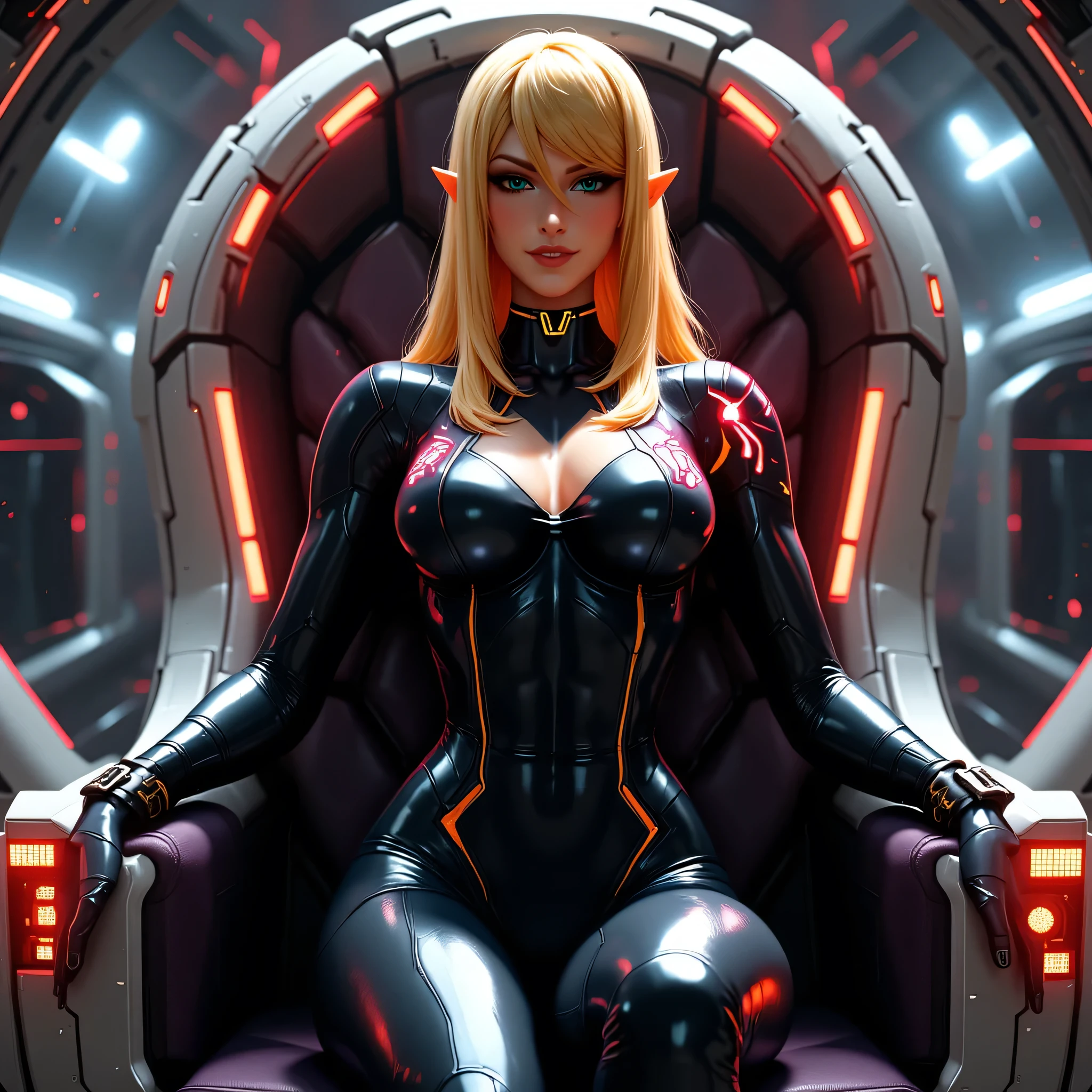 CINDERELLA dressed in her digital avatar, A warrior in shining armor and special powers, 1girl, seductive shapes, seductive body and curves, blonde, pretty face, determined look , pointy elf-like ears, golden hair, golden neon-colored eyes, Beautiful medium-sized breasts, cool hips, beautiful waist, gold earrings in the form of round rings, sits on a throne in a spaceship, crossed legs, hands behind your head, in the penthouse, in massive black and matt high-tech armor and exoskeleton(with rare red diodes), Conceptual Style (concept art), semi-profile, cinematic lighting, 8k, hyper-realistic, intricate detailing, sharp focus, neutral background, fully measured full-length photo