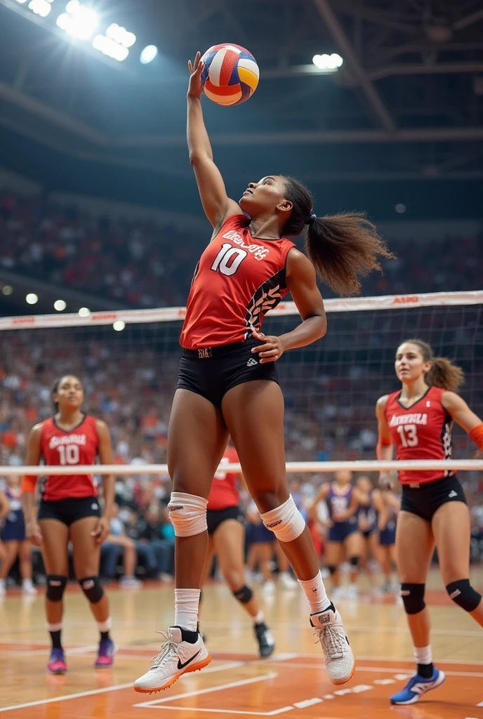 Beyoncé dressed in tight volleyball clothes and smiling
