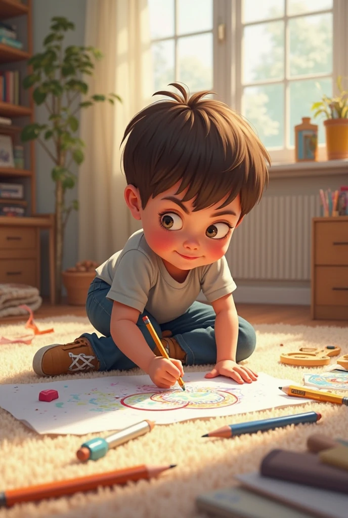 A boy with sitting in his room corner alone in happy mood