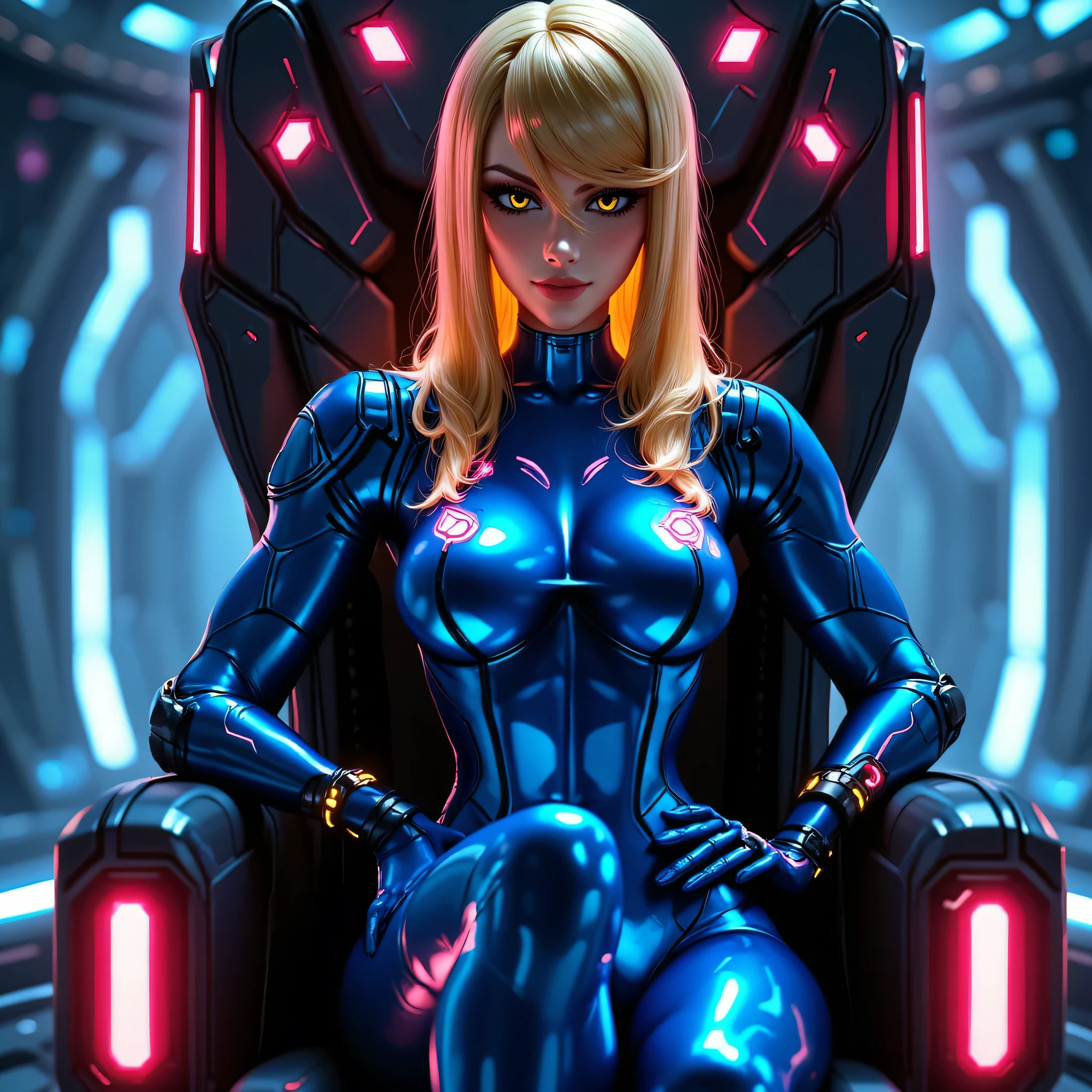 CINDERELLA dressed in her digital avatar, A warrior in shining blue armor with special powers, 1girl, seductive shapes, seductive body and curves, blonde, pretty face, determined look , golden hair, golden neon-colored eyes, Beautiful medium-sized breasts, cool hips, beautiful waist, gold earrings in the form of round rings, sits on a throne in a spaceship, crossed legs, hands behind your head, in the penthouse, in massive black and matt high-tech armor and exoskeleton синего цвета(with rare red diodes), Conceptual Style (concept art), semi-profile, cinematic lighting, 8k, hyper-realistic, intricate detailing, sharp focus, neutral background, fully measured full-length photo
