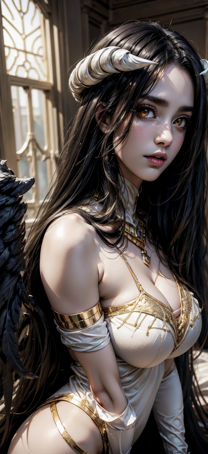 albedo from overlord,beautiful detailed eyes,beautiful detailed lips,extremely detailed eyes and face,long eyelashes,elegant succubus,long flowing black hair,golden eyes,luxurious white gown with black accents,gold accessories,large feathered wings,reflection in ornate sword blade,striking detail,intense gaze,regal appearance,dark mysterious background,best quality,4k,8k,highres,masterpiece:1.2,ultra-detailed,realistic,photorealistic,photo-realistic:1.37,HDR,UHD,studio lighting,ultra-fine painting,sharp focus,physically-based rendering,extreme detail description,professional,vivid colors,bokeh,concept art