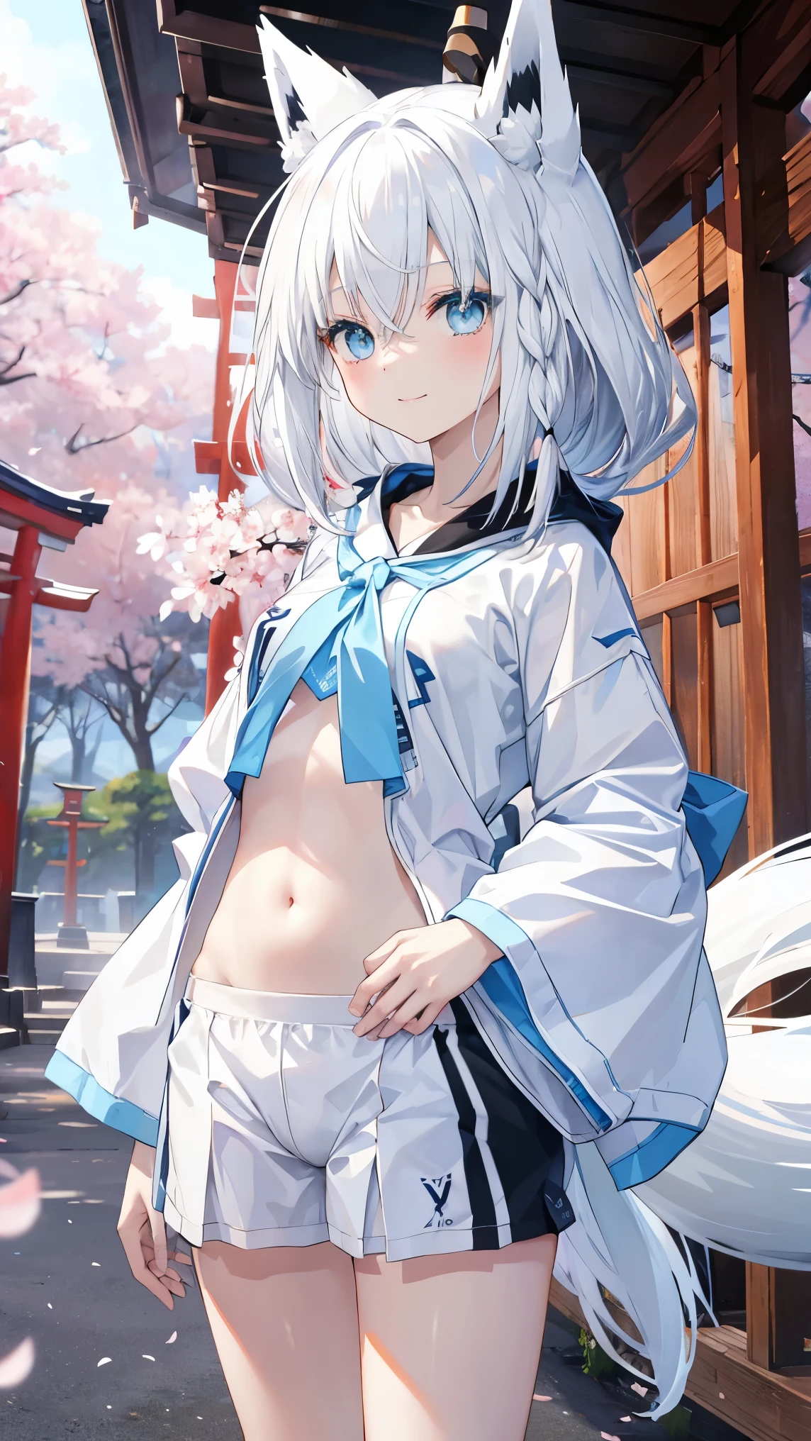 Top Quality、、(Whitening skin,)、 Silver Hair、light blue eyes,Petite、slender、(sportswear,,),cherry blossoms,torii,smile, fox ears,Fox Tail,belly button,toned body,