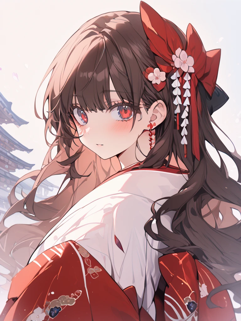 1 girl, girl, Super bright 、almost white red eyes, pale skin, rosy cheeks , they look innocent beautiful navy eyes wearing , beautiful red eyes wearing the clothes of a priestess 、Ephemeral Atmosphere、Brown Hair Color、 clear、とても可愛い girl、A girl who looks doted on、long hair caught in a hole、A beautiful figure、attractive appearance、Only the upper body、Reimu Hakurei、Hakurei Shrine Maiden