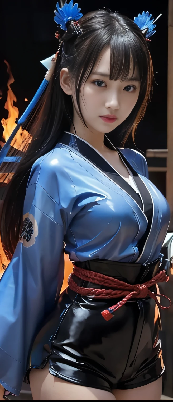 Pure Samurai Idol Girl、A pure girl's face、 hypo、Black Latex Tight Shorts、Blue Flame Kimono Jacket、、Glowing Blue Flame Japanese Sword、Samurai Belt、